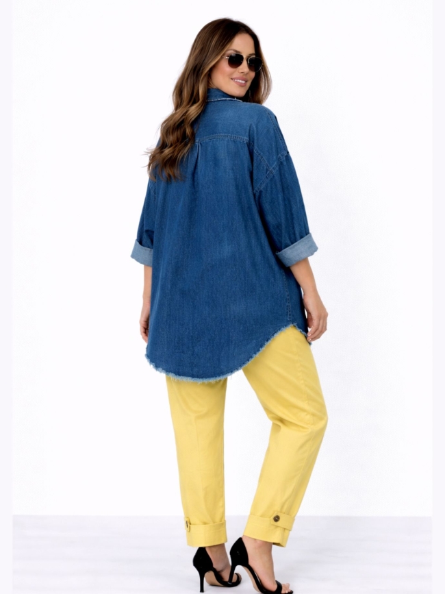 Πουκάμισο Τζίν Tencel Mε Ξέφτια - Μπλέ