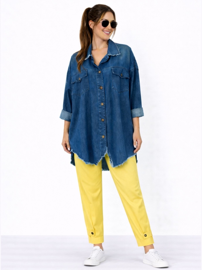 Πουκάμισο Τζίν Tencel Mε Ξέφτια - Μπλέ