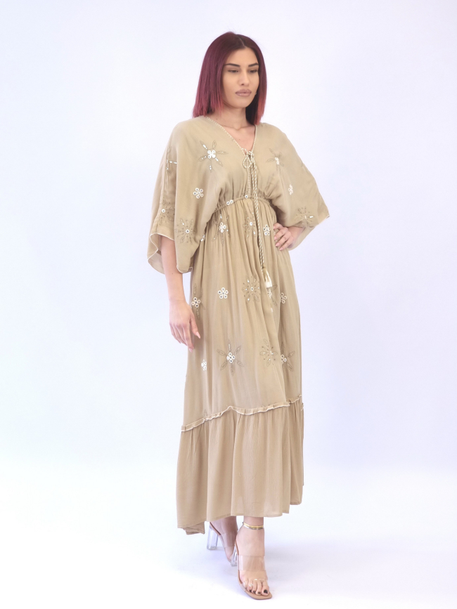 Φόρεμα boho κεντημένες λεπτομέρειες-Μπέζ