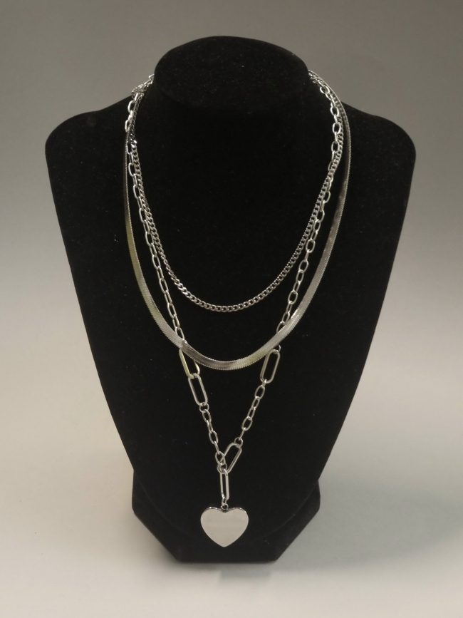 Κολιέ ατσάλι τριπλό καρδιά-Ασημί