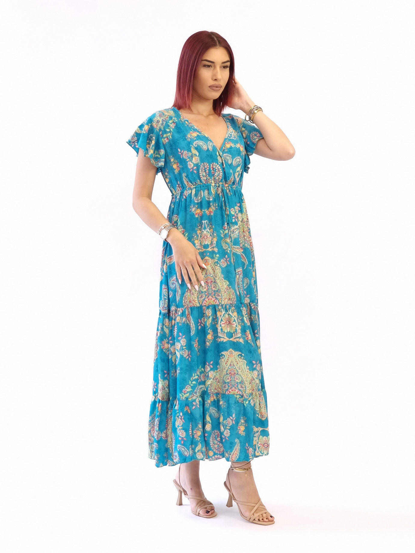 Φόρεμα μάξι κρουαζέ κοντομάνικο-Τιρκουάζ