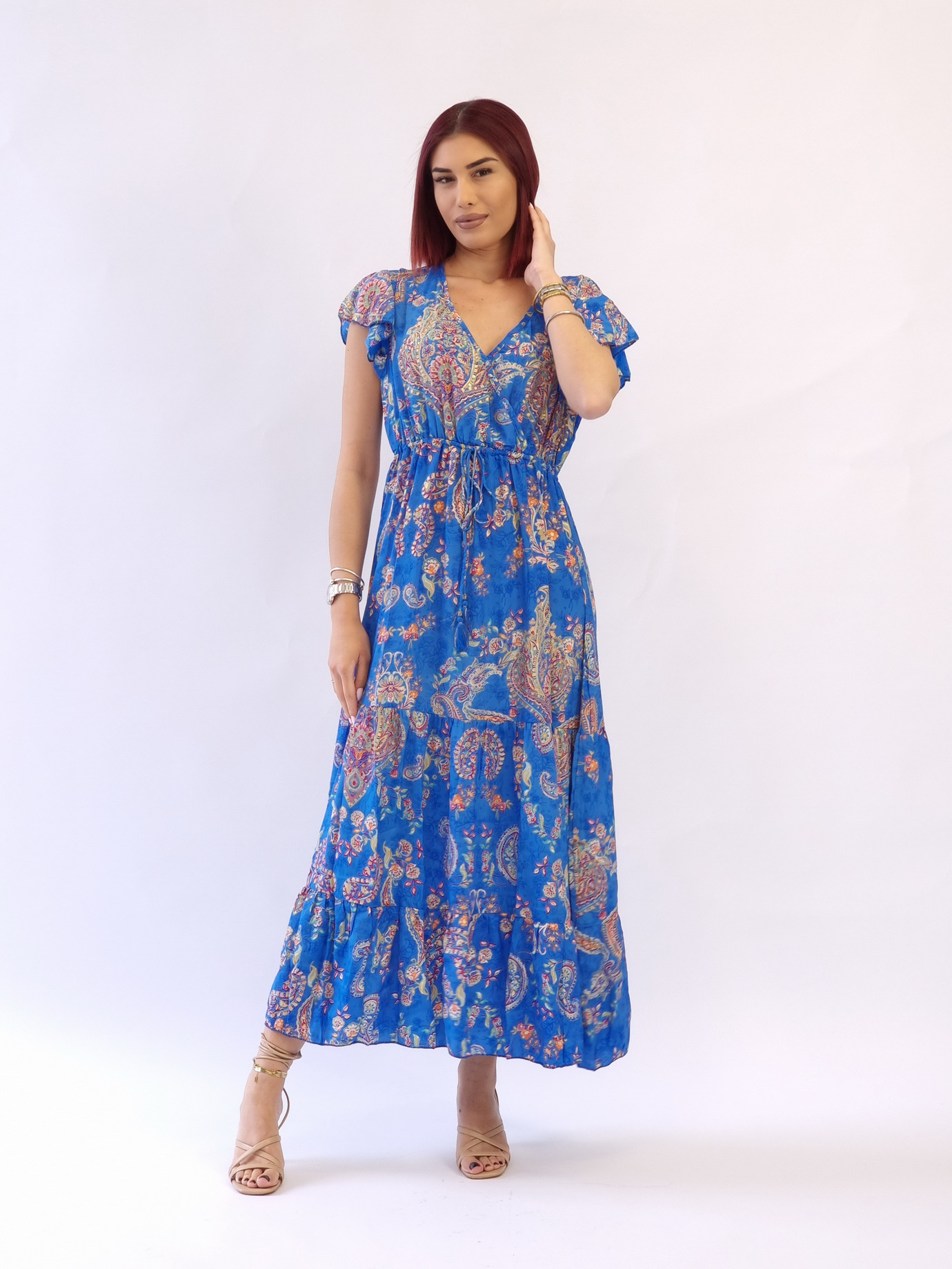 Φόρεμα μάξι κρουαζέ κοντομάνικο-Μπλέ