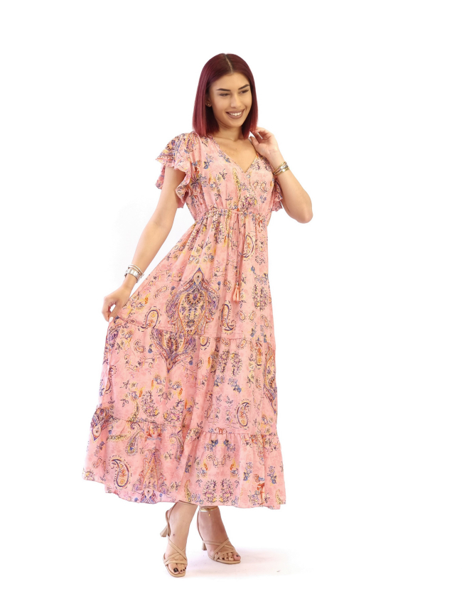 Φόρεμα μάξι κρουαζέ κοντομάνικο-Ρόζ