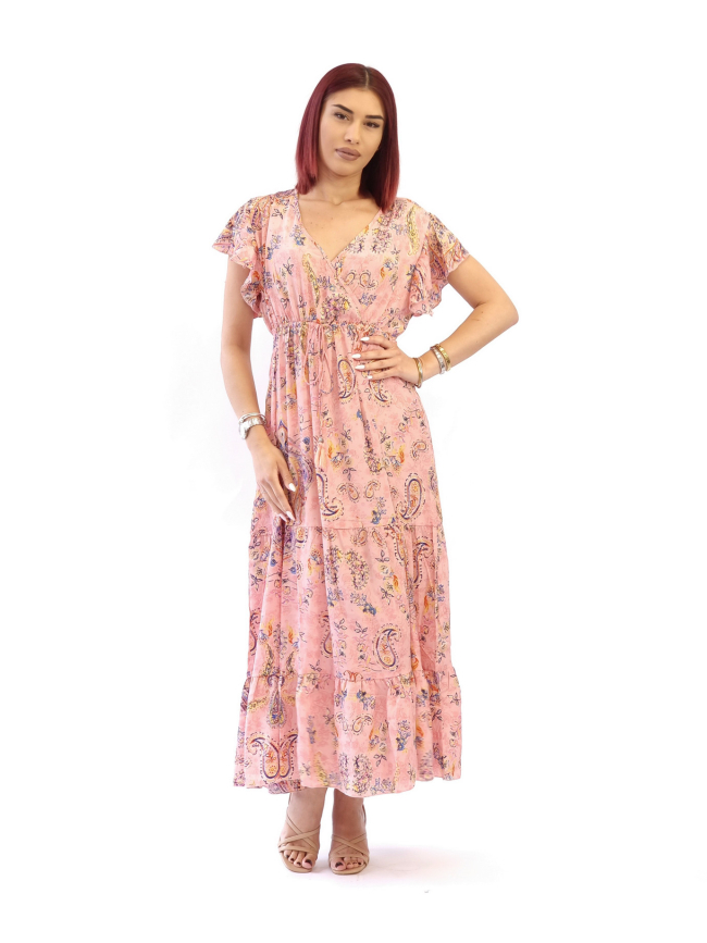 Φόρεμα μάξι κρουαζέ κοντομάνικο-Ρόζ