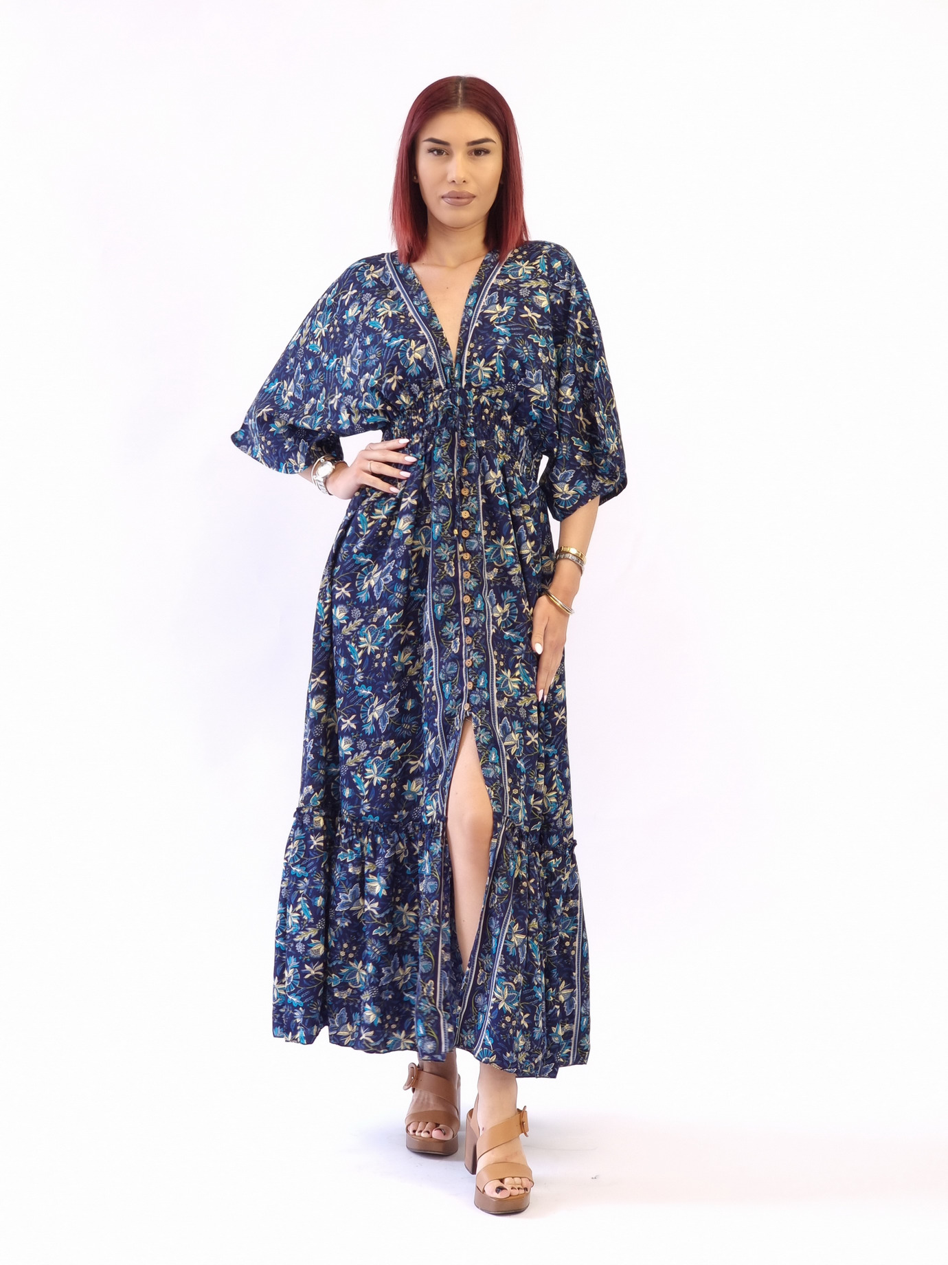 Φόρεμα μάξι λάστιχο και κουμπιά-Μπλέ σκούρο