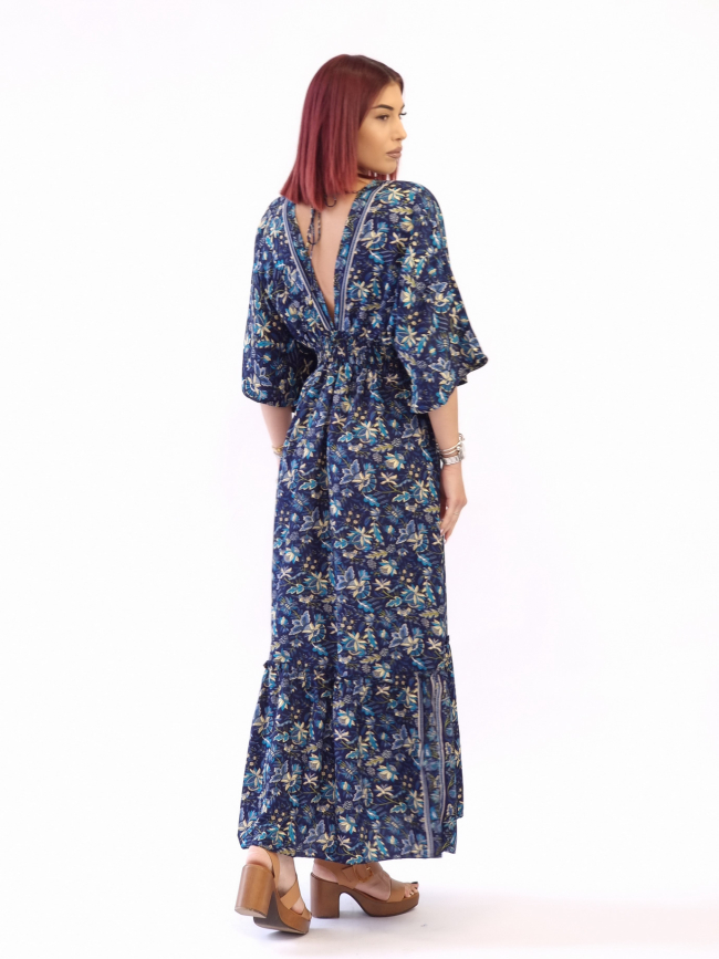 Φόρεμα μάξι λάστιχο και κουμπιά-Μπλέ σκούρο