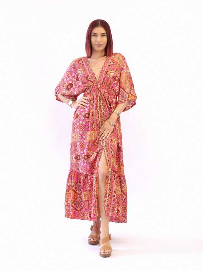 Φόρεμα μάξι λάστιχο και κουμπιά-Ρόζ