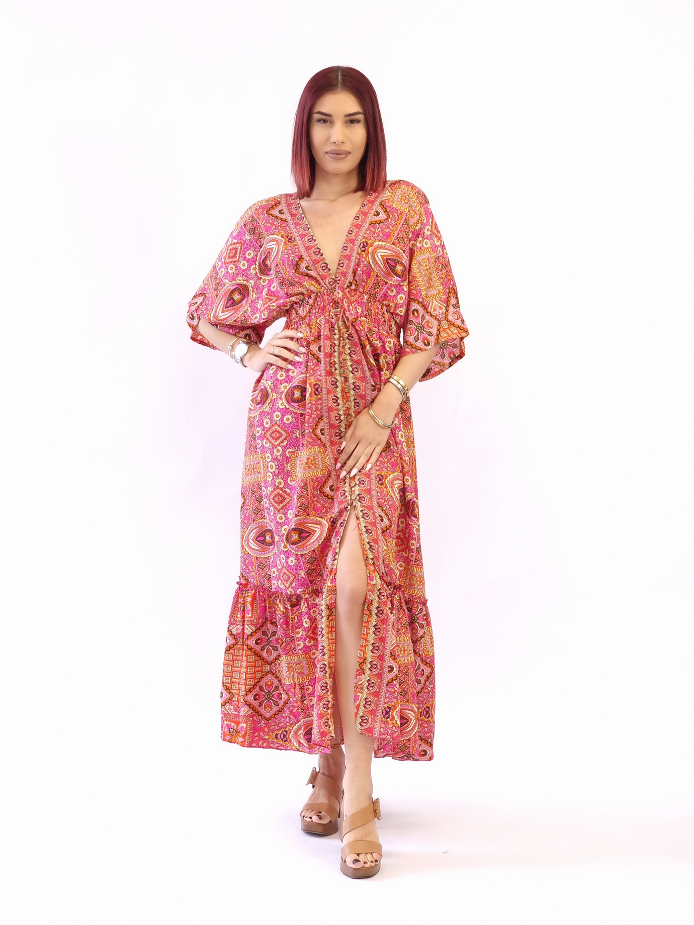 Φόρεμα μάξι λάστιχο και κουμπιά-Ρόζ