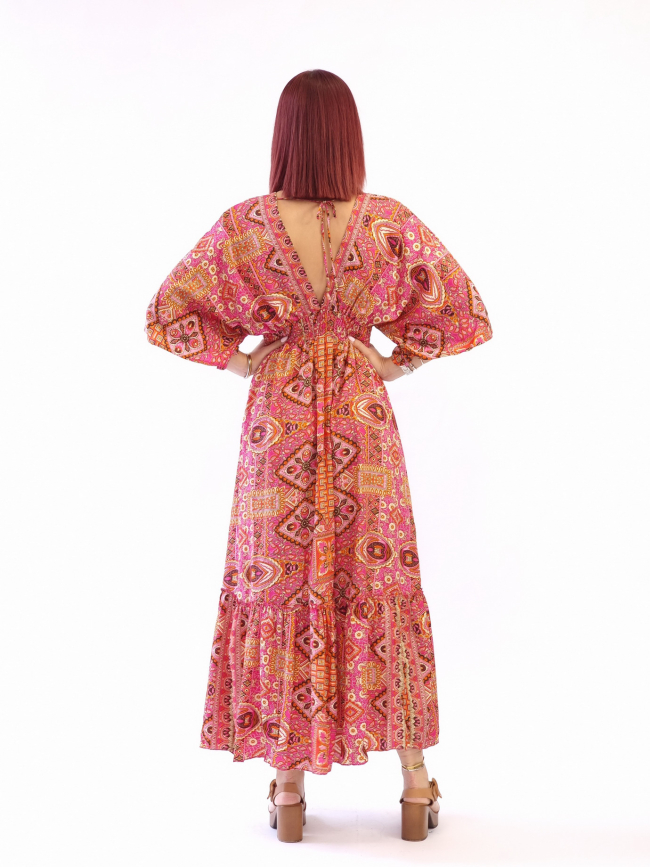 Φόρεμα μάξι λάστιχο και κουμπιά-Ρόζ