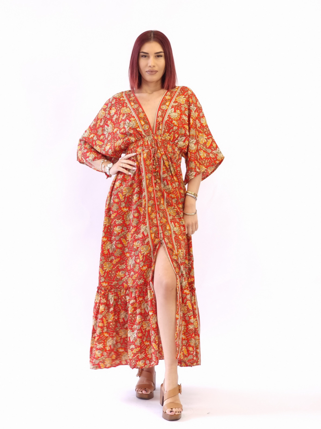 Φόρεμα μάξι λάστιχο και κουμπιά-Κόκκινο