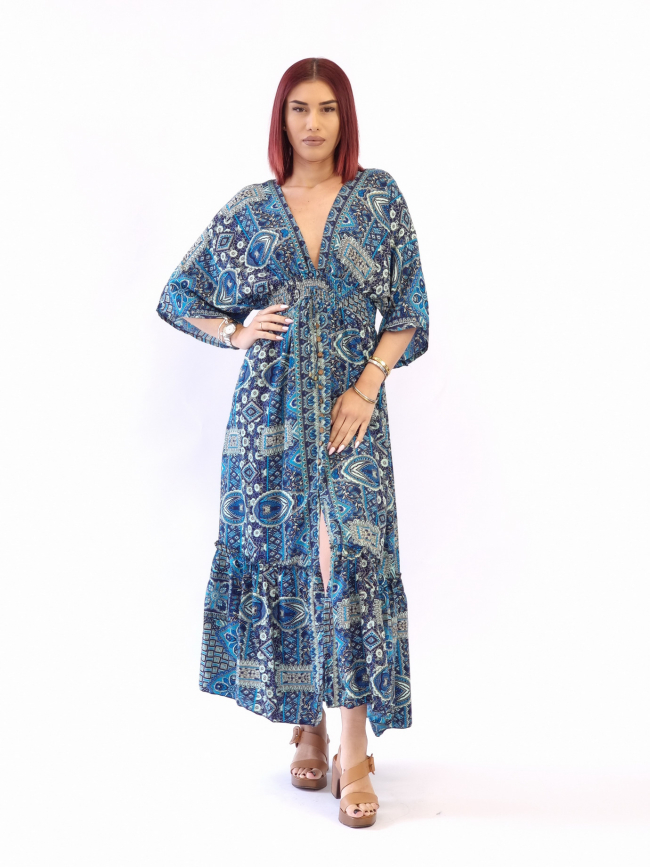 Φόρεμα μάξι λάστιχο και κουμπιά-Μπλέ