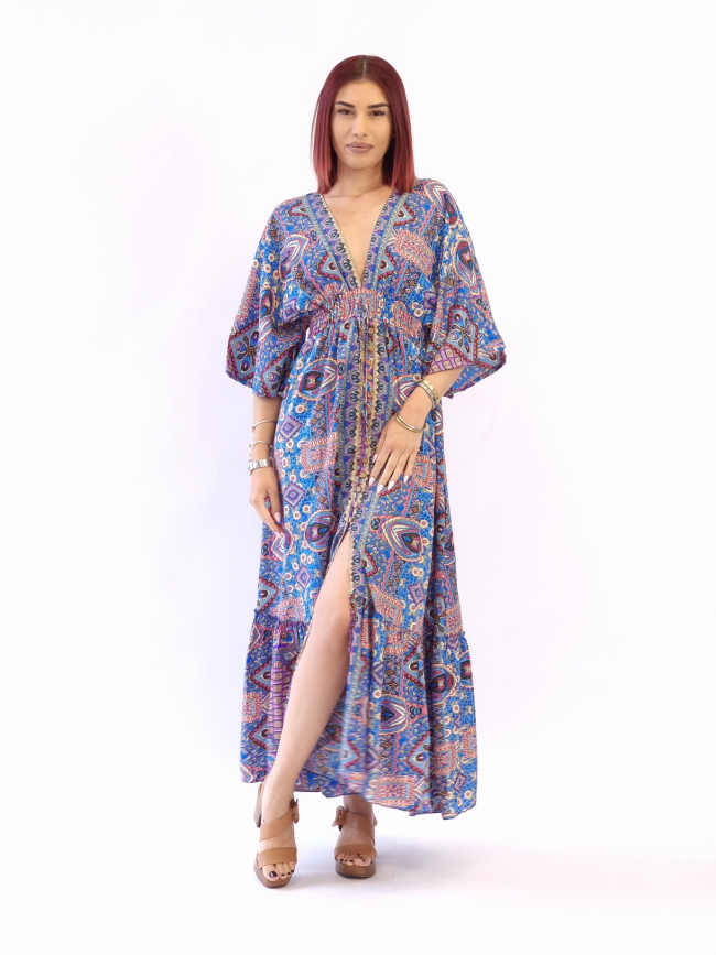 Φόρεμα μάξι λάστιχο και κουμπιά-Μπλέ ρόζ