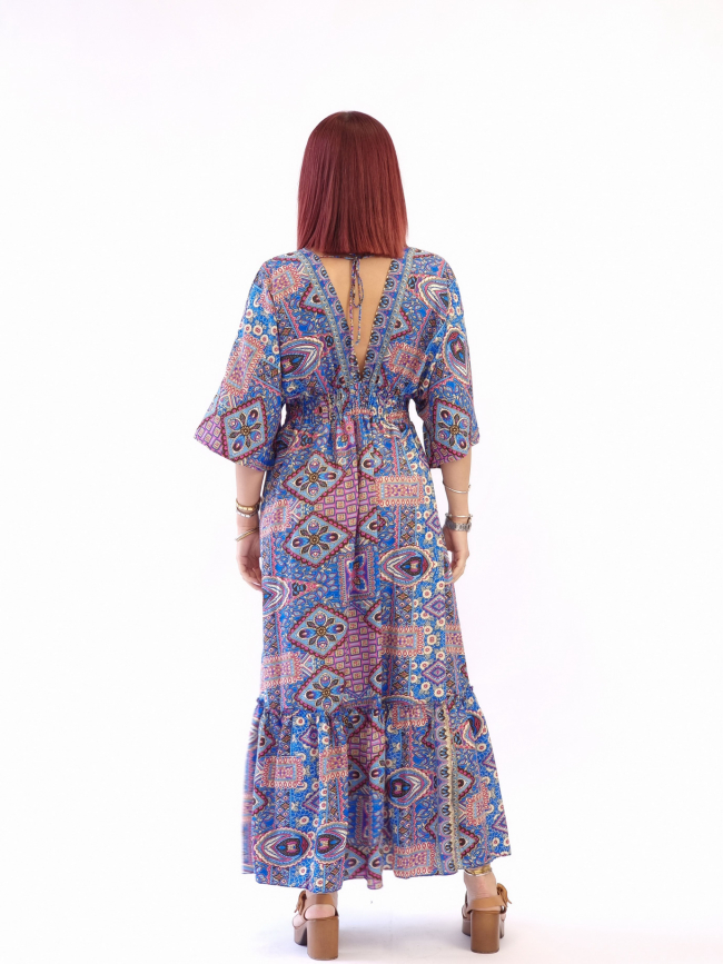 Φόρεμα μάξι λάστιχο και κουμπιά-Μπλέ ρόζ