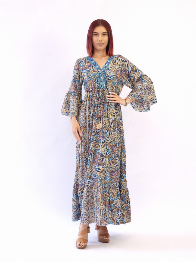 Φόρεμα μεταξωτό καμπάνα μανίκι-Μπλέ