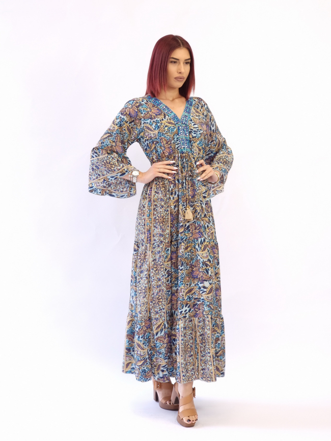 Φόρεμα μεταξωτό καμπάνα μανίκι-Μπλέ