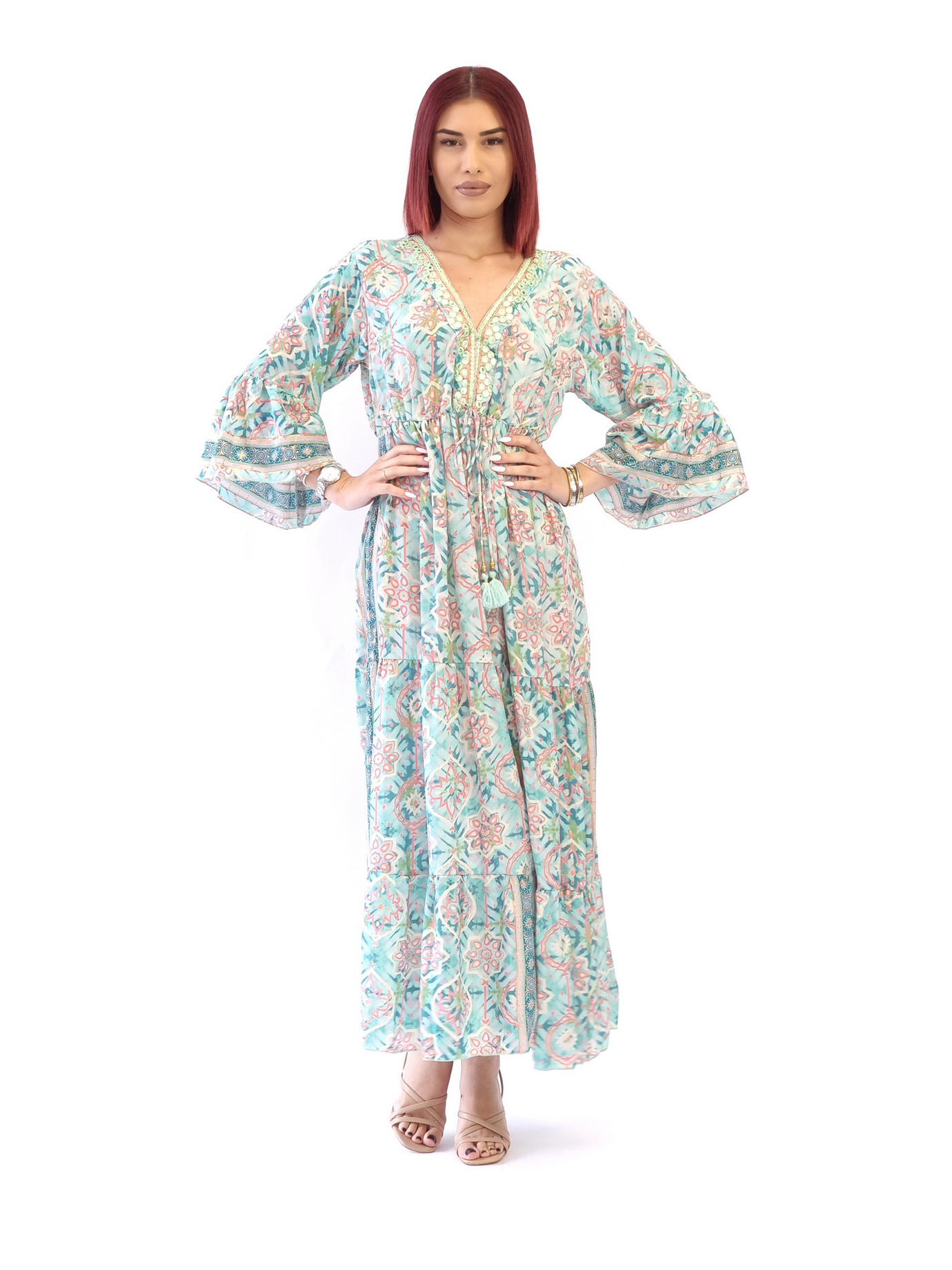 Φόρεμα μεταξωτό καμπάνα μανίκι-Μπλέ