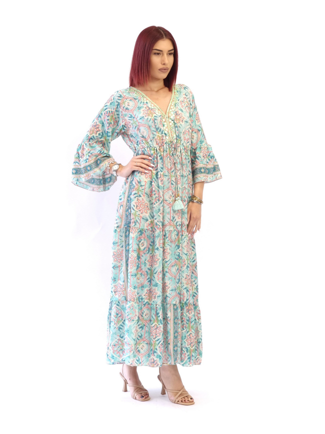 Φόρεμα μεταξωτό καμπάνα μανίκι-Μπλέ