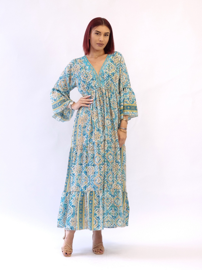 Φόρεμα μεταξωτό καμπάνα μανίκι-Μπλέ