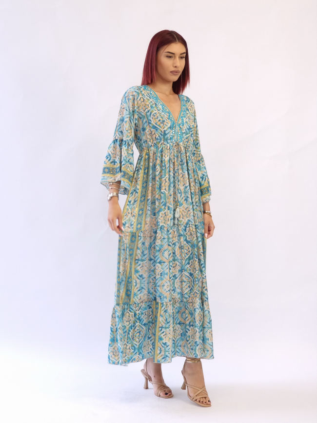 Φόρεμα μεταξωτό καμπάνα μανίκι-Μπλέ