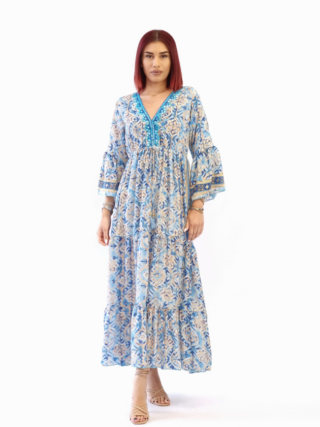 Φόρεμα μεταξωτό καμπάνα μανίκι-Μπλέ