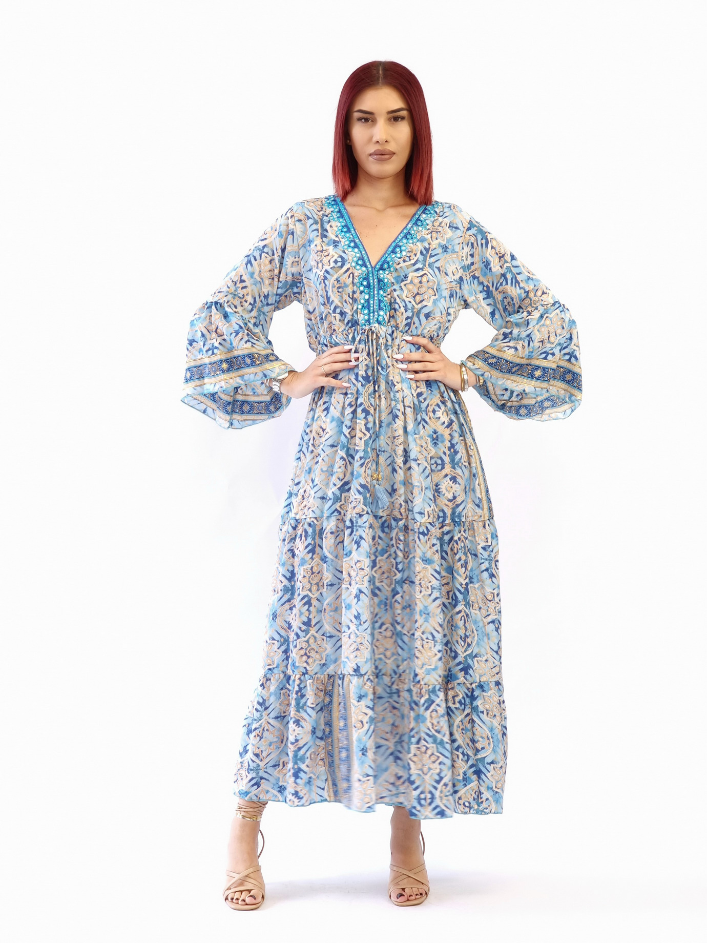 Φόρεμα μεταξωτό καμπάνα μανίκι-Μπλέ