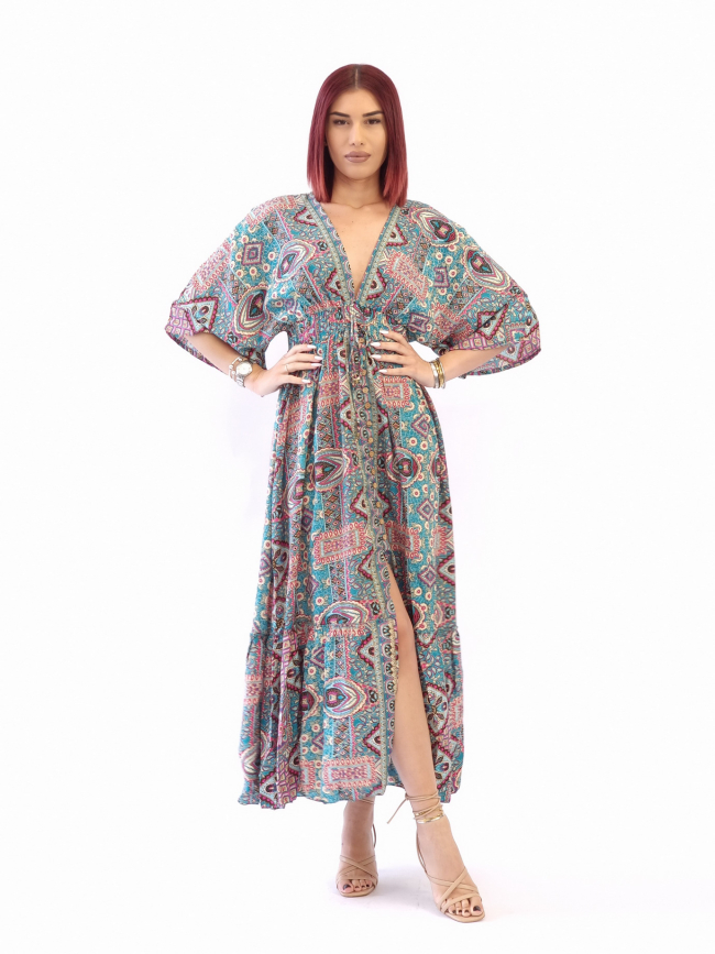 Φόρεμα μάξι λάστιχο και κουμπιά-Τιρκουάζ ροζ