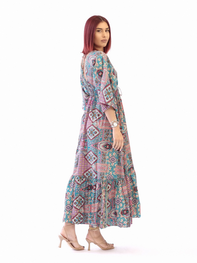 Φόρεμα μάξι λάστιχο και κουμπιά-Τιρκουάζ ροζ