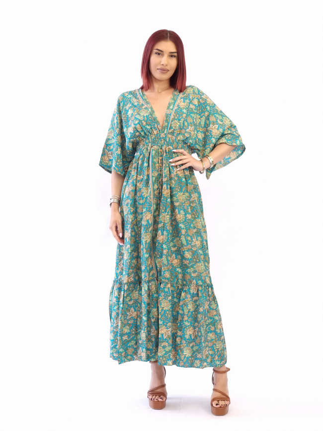 Φόρεμα μάξι λάστιχο και κουμπιά-Πράσινο