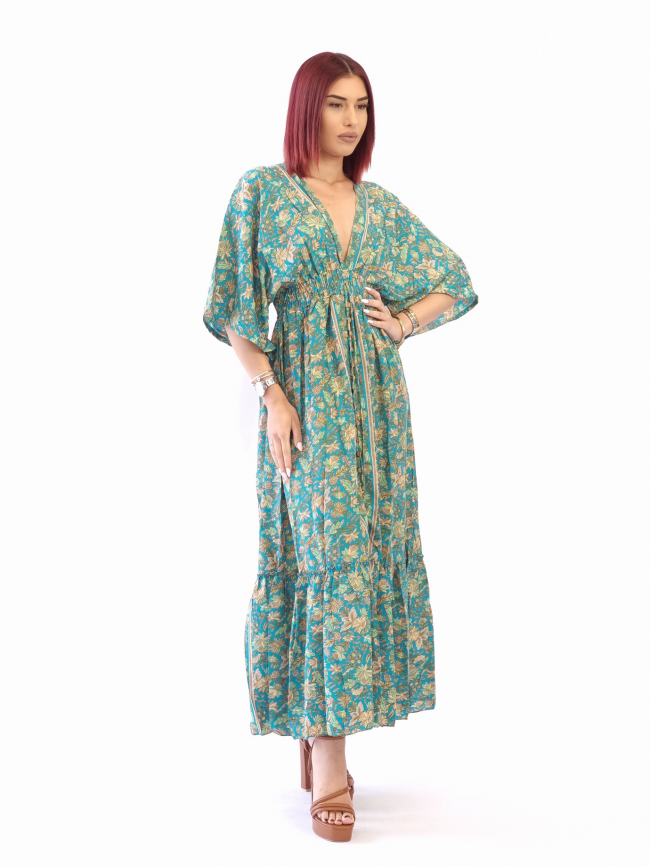 Φόρεμα μάξι λάστιχο και κουμπιά-Πράσινο