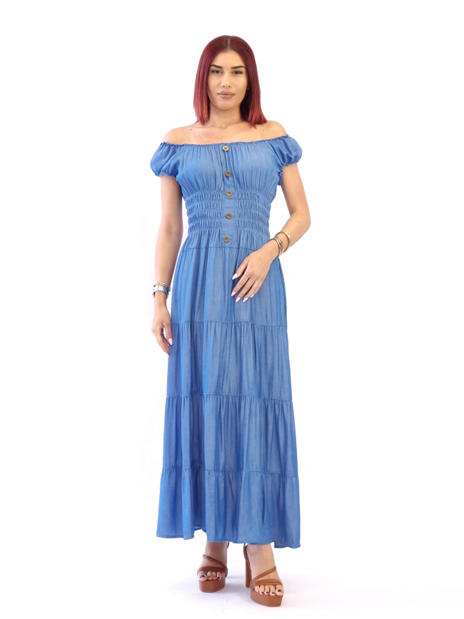 Φόρεμα τένσελ με σφηκοφωλιά- Μπλέ