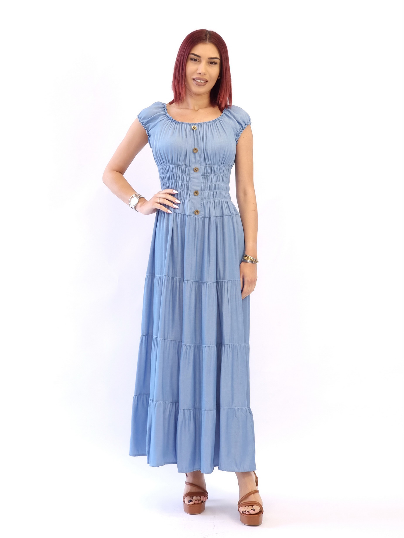 Φόρεμα τένσελ με σφηκοφωλιά- Μπλέ ανοιχτό