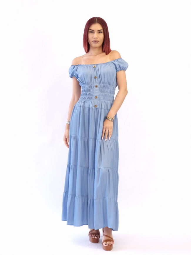 Φόρεμα τένσελ με σφηκοφωλιά- Μπλέ ανοιχτό