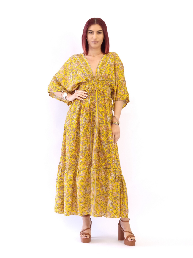 Φόρεμα μάξι λάστιχο και κουμπιά-Κίτρινο