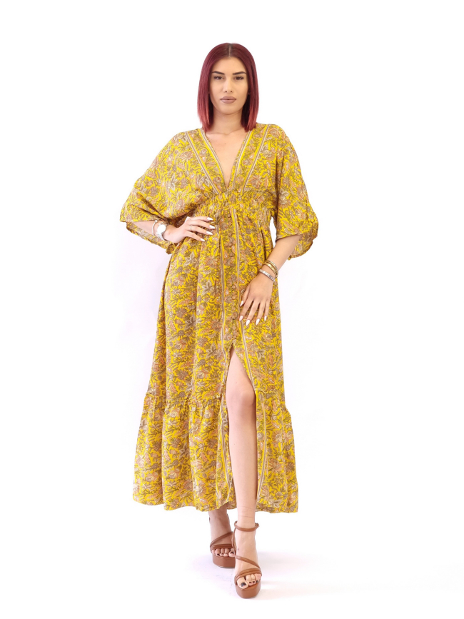 Φόρεμα μάξι λάστιχο και κουμπιά-Κίτρινο