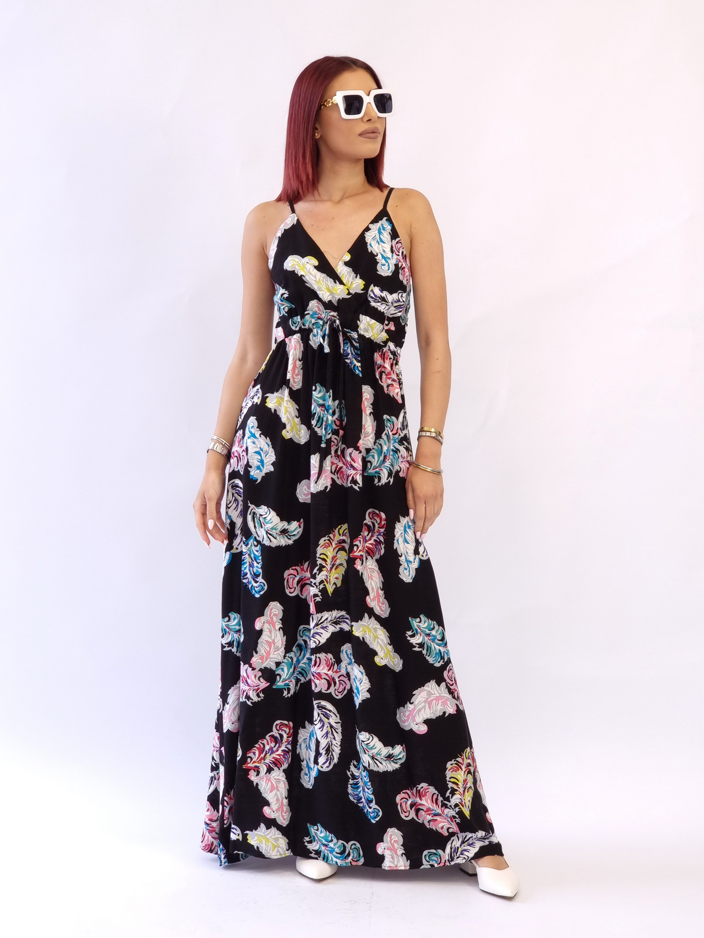 Φόρεμα μάξι κρουαζέ φτερά-Μαύρο