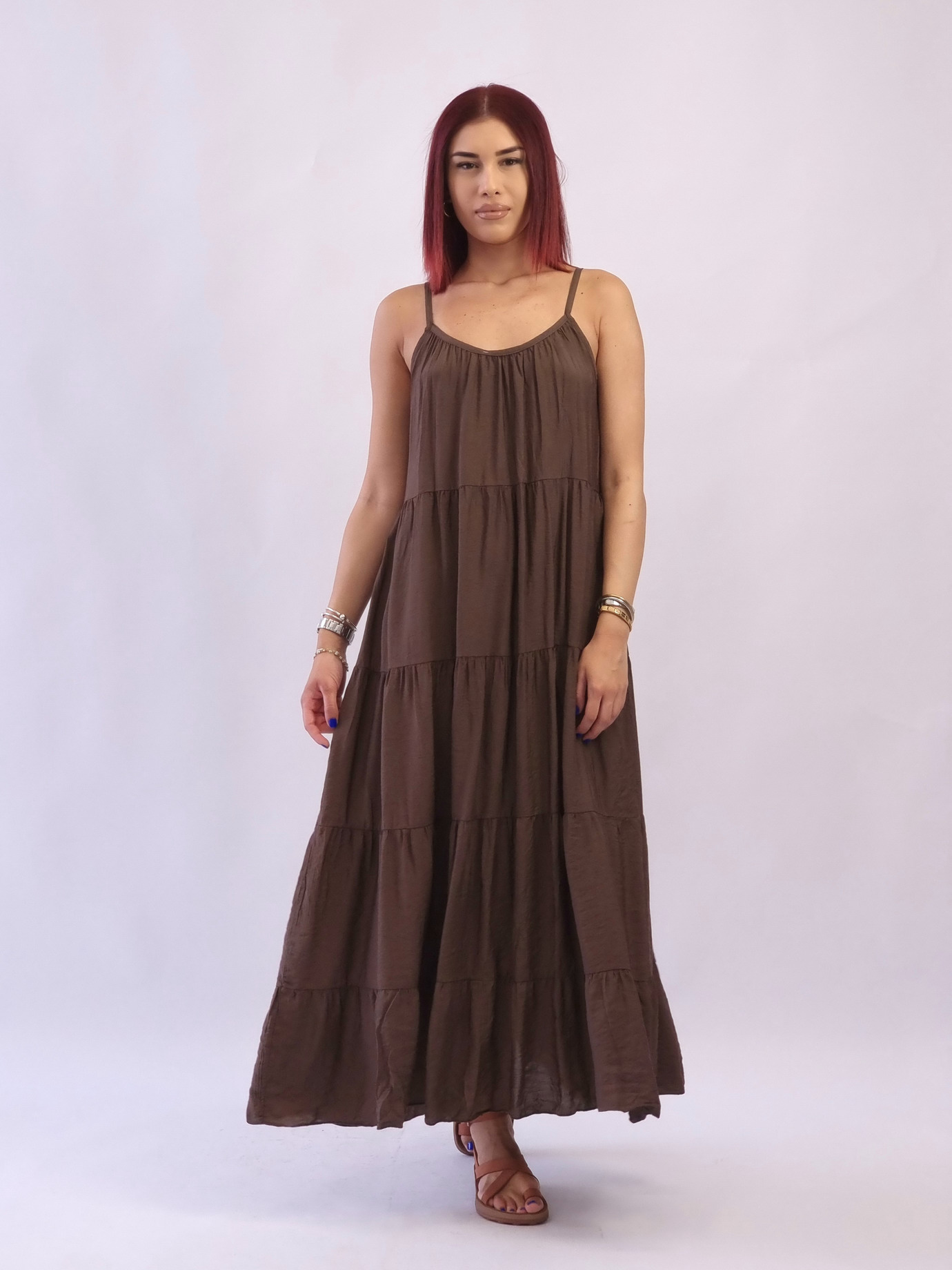 Φόρεμα τιράντα βισκόζη εξώπλατο-Καφέ