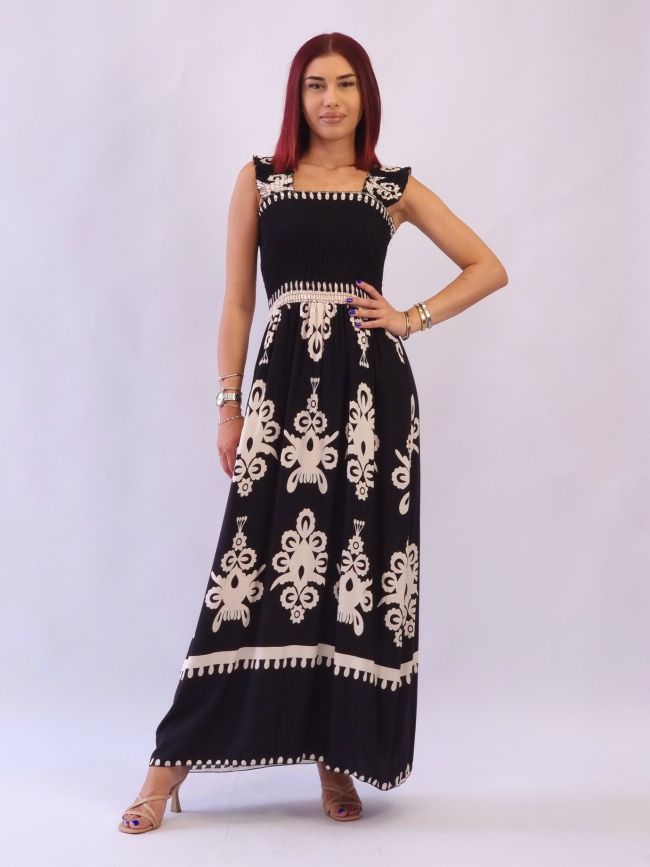 Φόρεμα μάξι σφηκοφωλιά μαύρα μοτίβα-Μαύρο