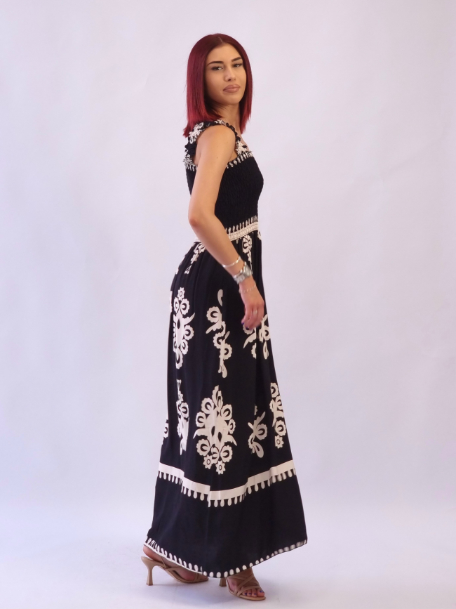 Φόρεμα μάξι σφηκοφωλιά μαύρα μοτίβα-Μαύρο