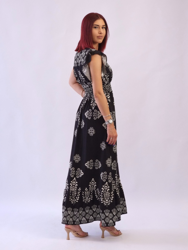 Φόρεμα βολάν μανίκια εκρού μοτίβα-Μαύρο