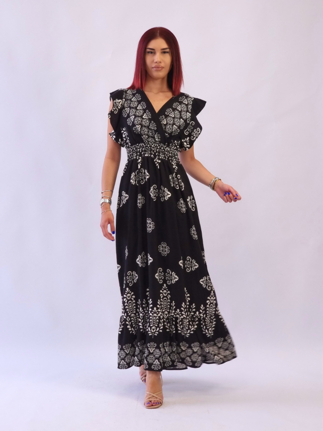 Φόρεμα βολάν μανίκια εκρού μοτίβα-Μαύρο