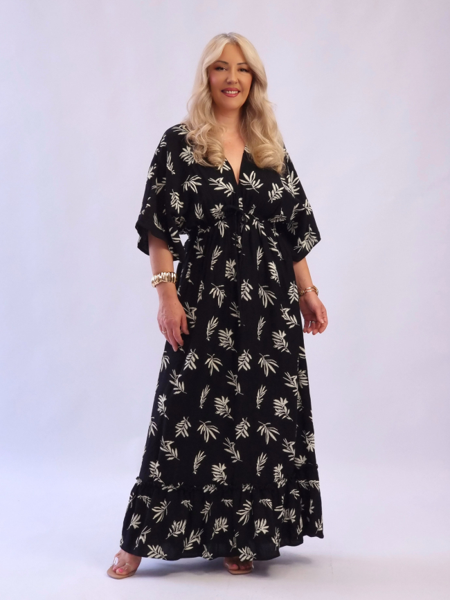 Φόρεμα λάστιχο στη μέση εκρού μοτίβα-Μαύρο