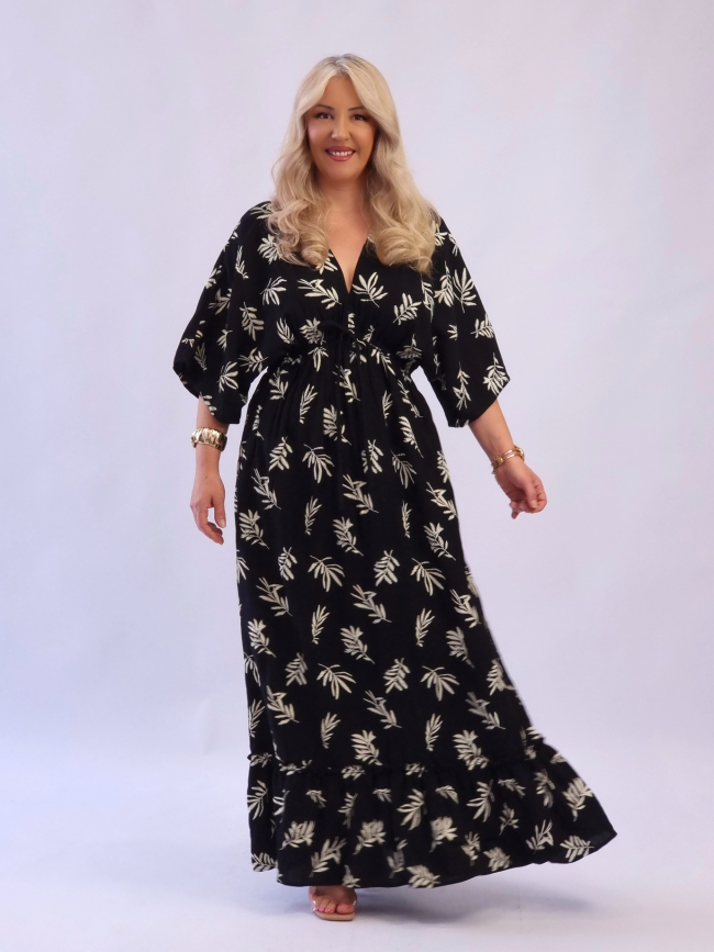 Φόρεμα λάστιχο στη μέση εκρού μοτίβα-Μαύρο