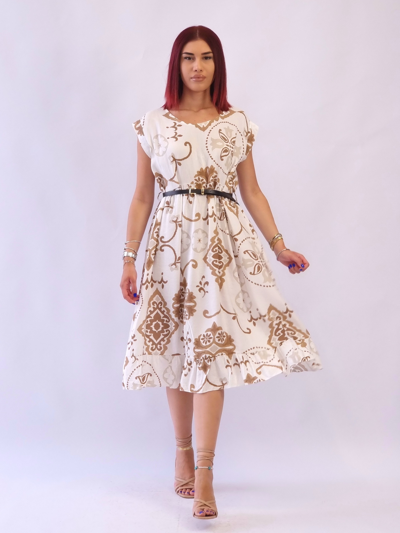 Φόρεμα μίντι βισκόζη με ζώνη-Σιέλ