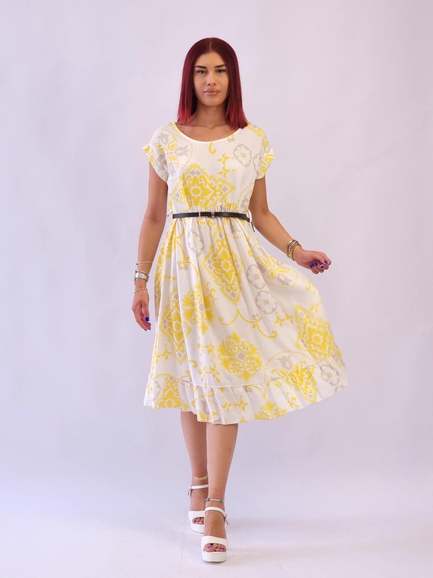 Φόρεμα μίντι βισκόζη με ζώνη-Σιέλ