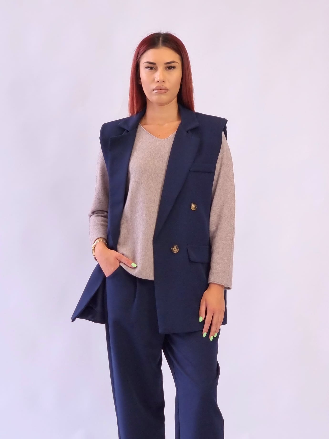 Γυναικείο αμάνικο μακρύ γιλέκο Μπλέ σκούρο Γυναικείο αμάνικο μακρύ γιλέκο Μπλέ σκούρο