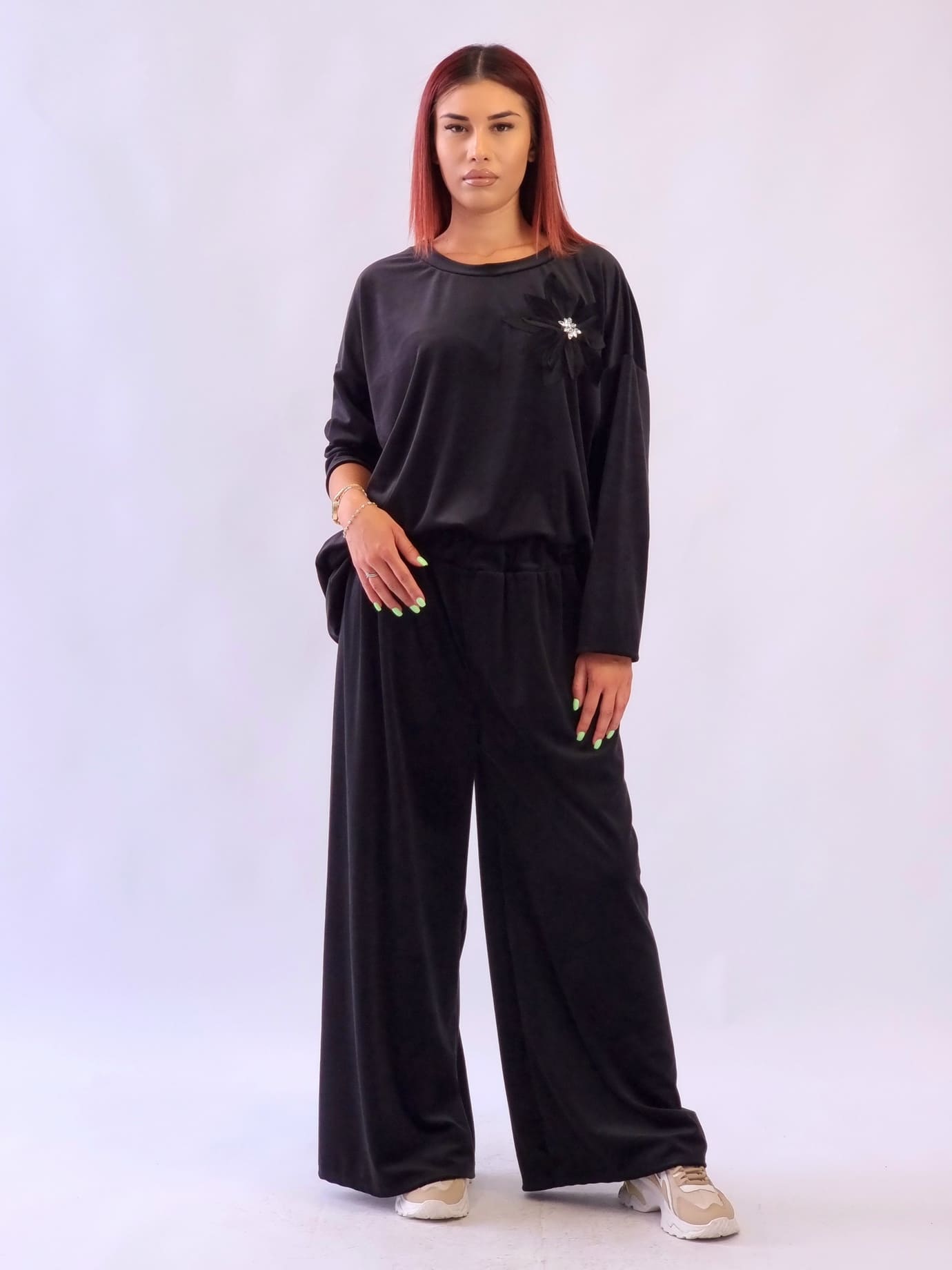 Γυναικείο σετ velvet μπλούζα με παντελόνι Καφέ