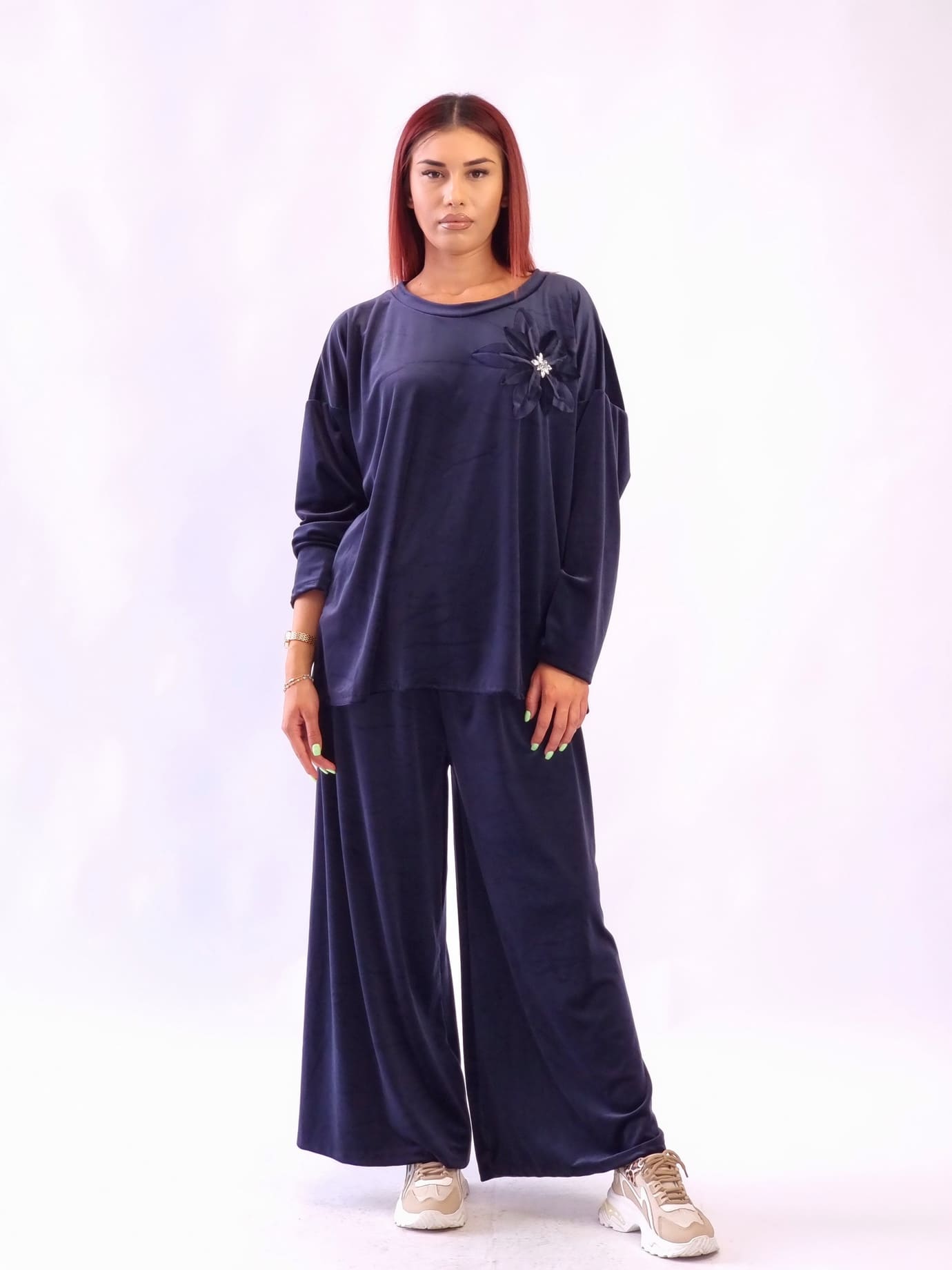 Γυναικείο σετ velvet μπλούζα με παντελόνι Καφέ