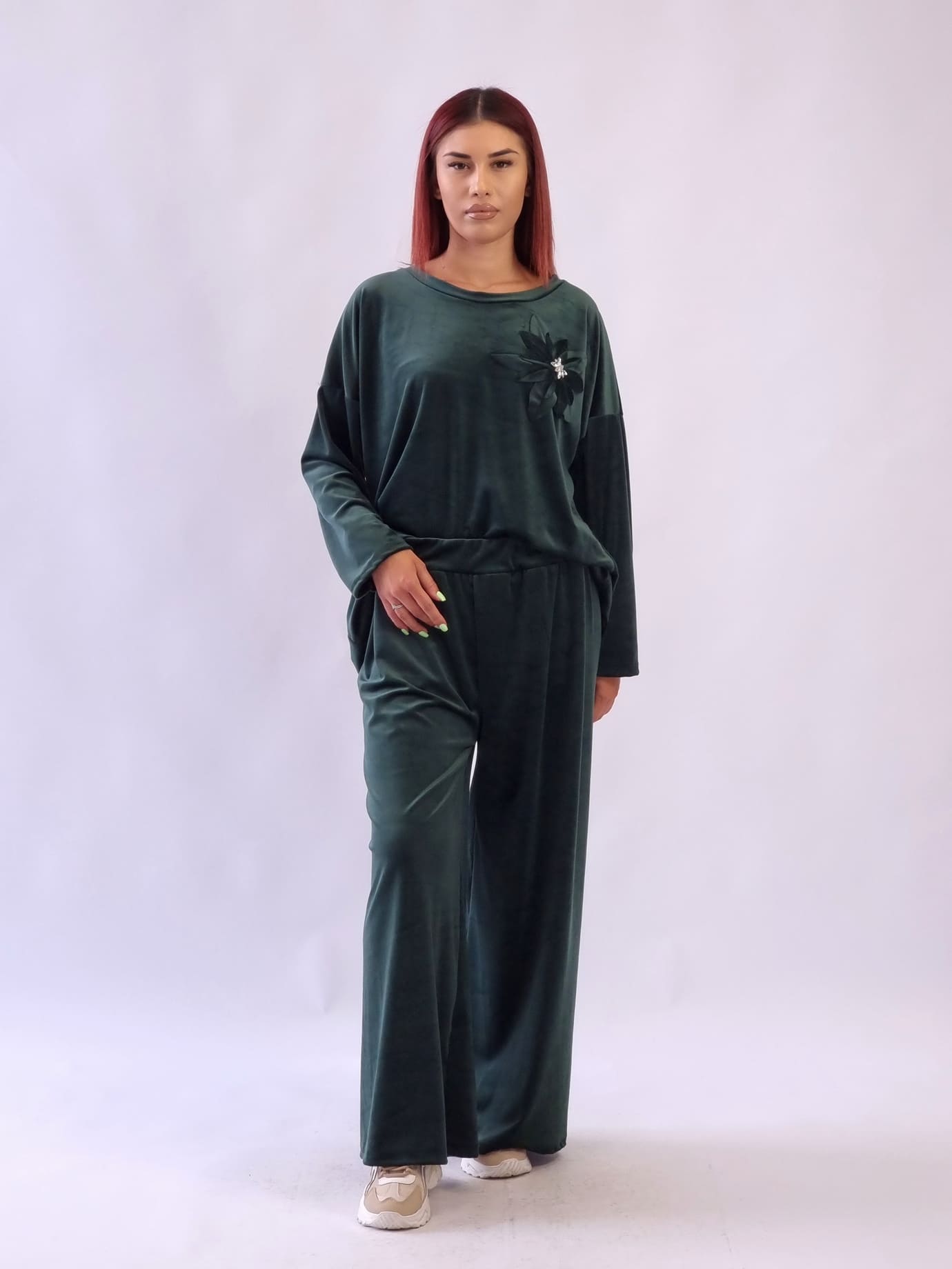 Γυναικείο σετ velvet μπλούζα με παντελόνι Καφέ