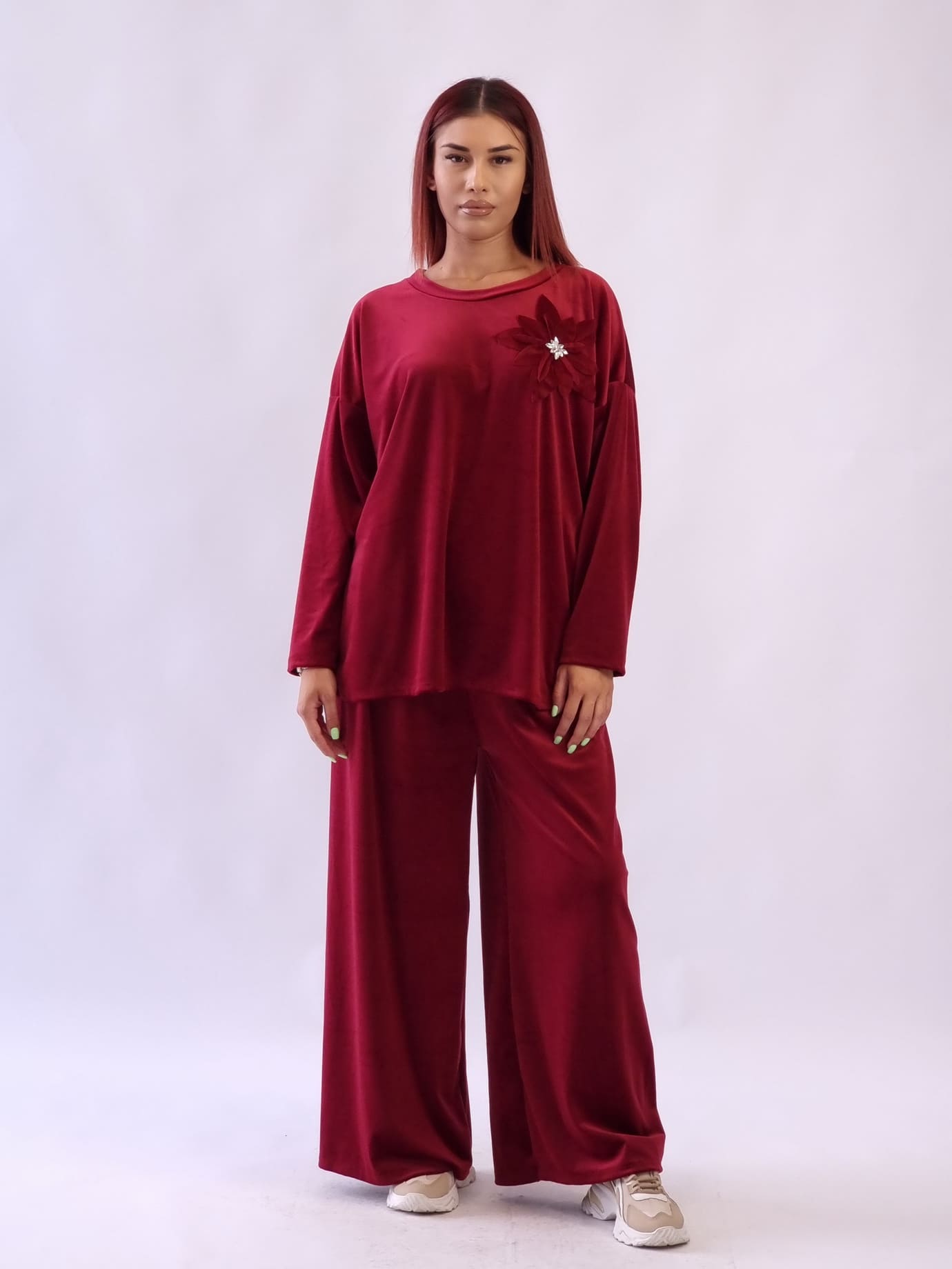 Γυναικείο σετ velvet μπλούζα με παντελόνι Καφέ