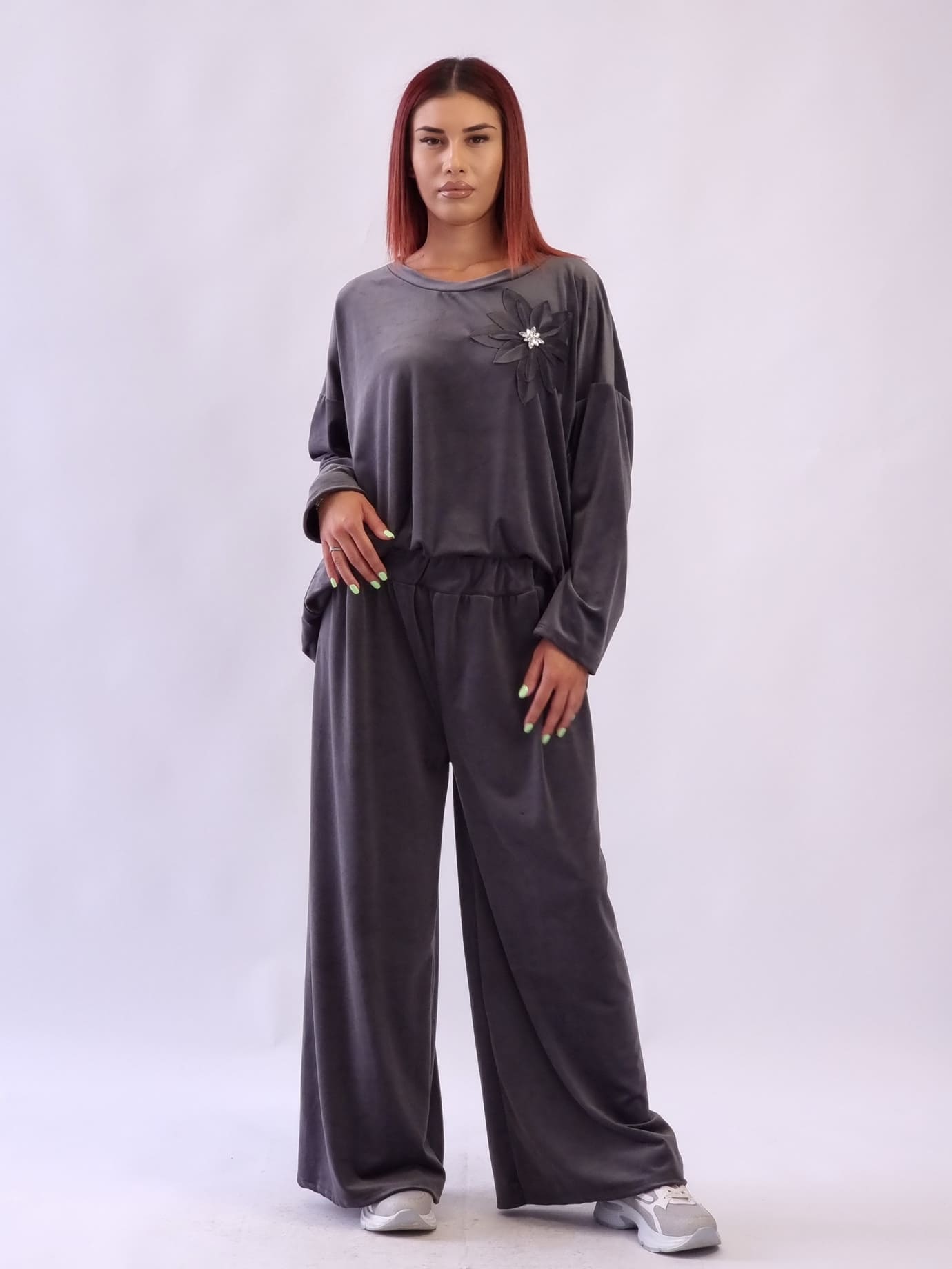 Γυναικείο σετ velvet μπλούζα με παντελόνι Καφέ